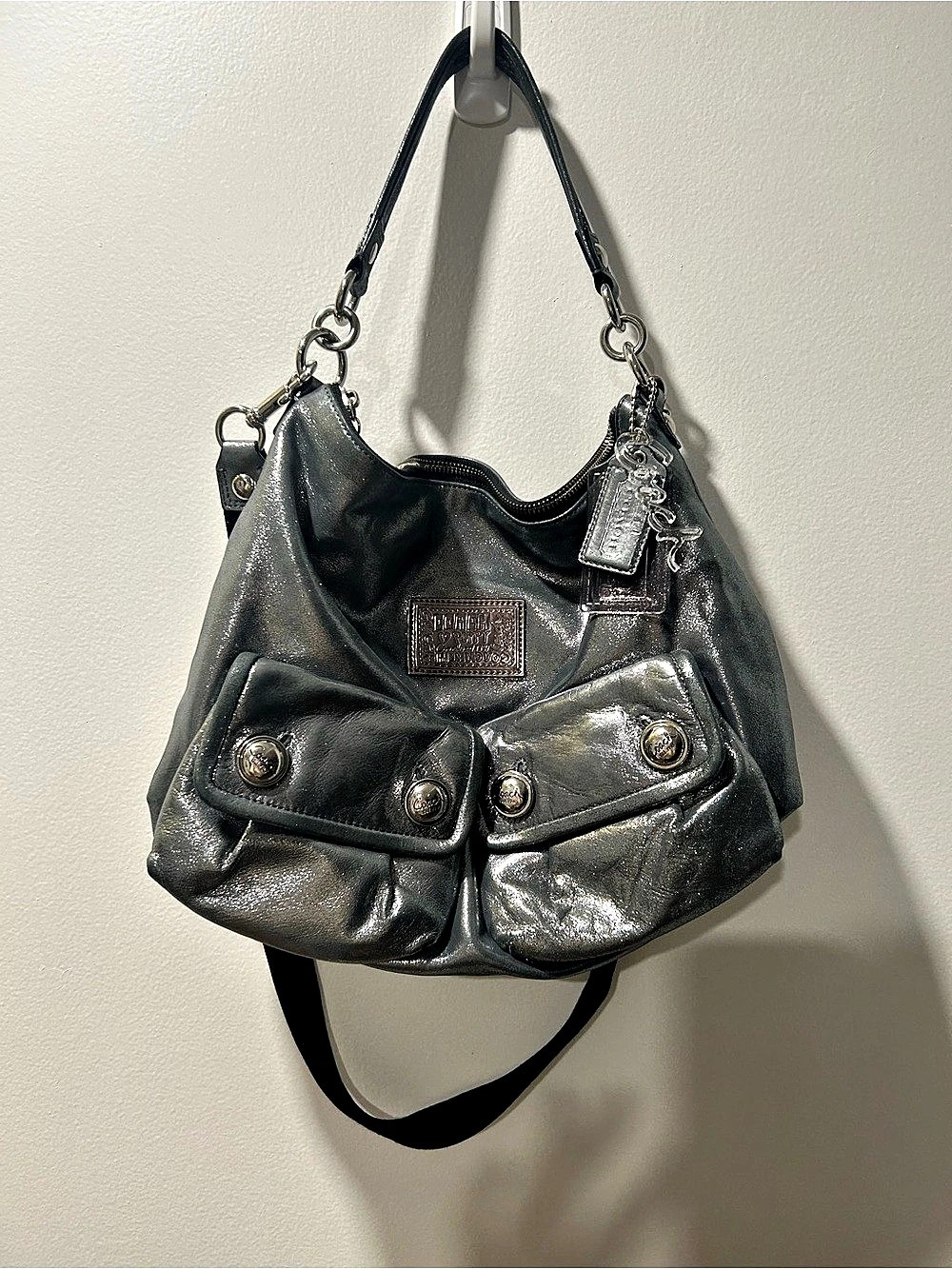 Coach Poppy Metallic Silver Grey Cargo Shoulder Bag - 14561